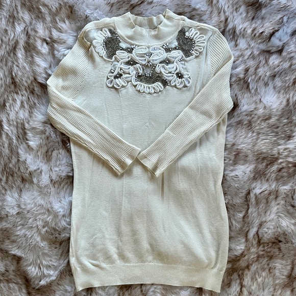 Boston Proper Cream Color Embroidered 3/4 Length Sleeve Sweater - Picture 2 of 7